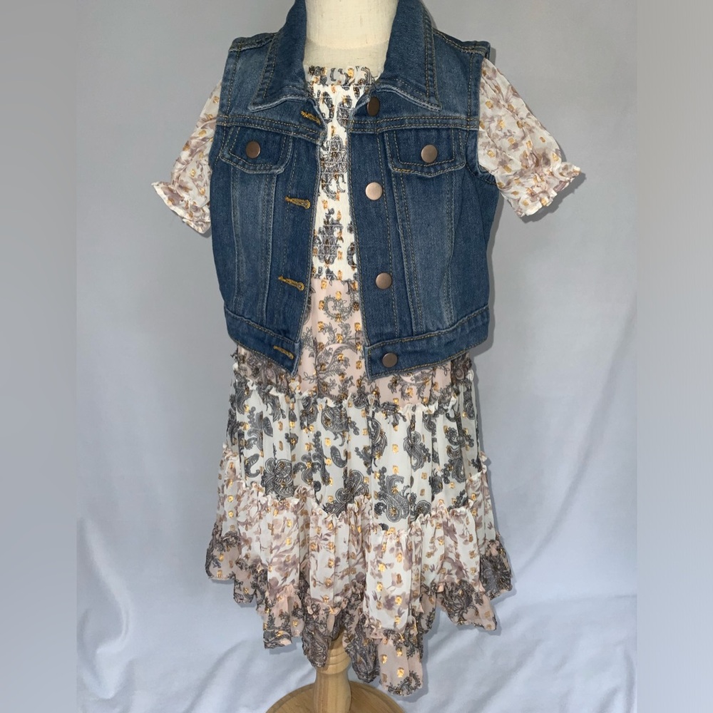 EUC 2PC Rare Editions SZ 6X smocked bodice short sleeve dress and denim vest.